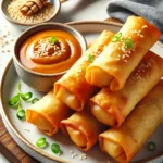 Close-up image of freshly fried golden crispy spring rolls served with a bowl of hoisin peanut sauce, garnished with sesame seeds and green onions.