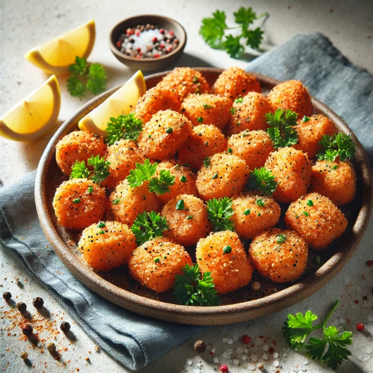 Golden, crispy oven-baked salmon bites seasoned with olive oil, salt, black pepper, and paprika, garnished with parsley and lemon.