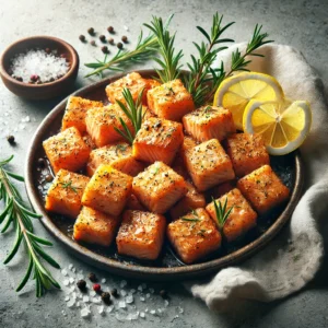 Golden, crispy pan-seared salmon cubes seasoned with olive oil, salt, black pepper, rosemary, and thyme, garnished with lemon wedges.