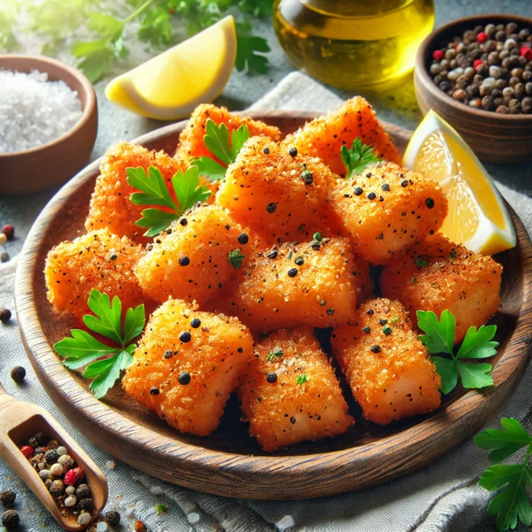 Golden, crispy air-fried salmon nuggets on a rustic plate, garnished with fresh parsley and lemon wedges.
