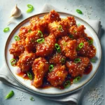 A clean and realistic image of High-Protein Crispy Korean Fried Chicken served on a white plate. The chicken pieces are golden and crispy, with a shiny soy garlic glaze and garnished with green onions and sesame seeds.