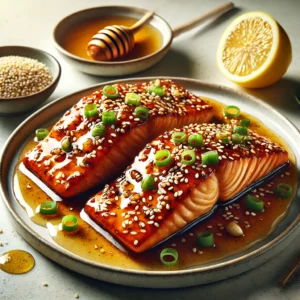 Air-fried honey garlic salmon topped with sesame seeds and green onions, served with a lemon wedge on a white plate.