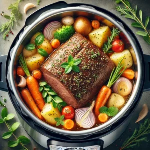 A bright and clean image of an Instant Pot herb pot roast with tender beef, carrots, potatoes, onion, and garlic in a rich broth.