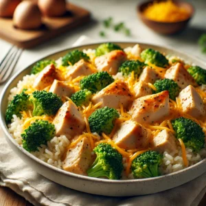 A beautifully arranged plate of One-Pot Cheesy Chicken and Broccoli Rice garnished with fresh herbs and cheddar cheese.