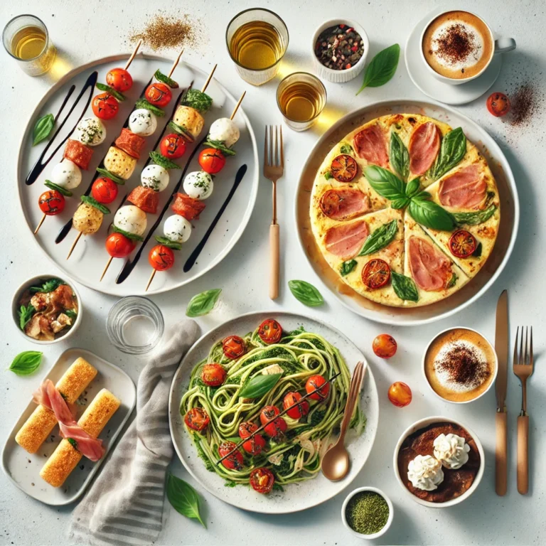 A modern display of five Italian dishes on a clean white table, including Caprese Skewers, Italian Frittata, Pesto Pasta Salad, One-Pot Sausage Risotto, and Tiramisu Cups.