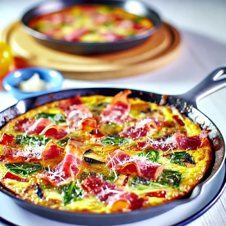 A colorful Italian frittata featuring crispy prosciutto, sautéed spinach, bell peppers, and mushrooms, garnished with parmesan and herbs in a cast-iron skillet.