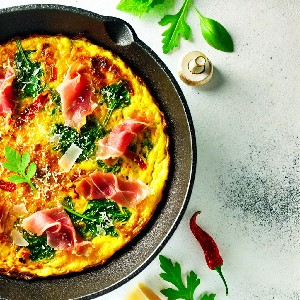 A golden-brown Italian frittata with crispy prosciutto, colorful vegetables like spinach and bell peppers, topped with parmesan and fresh herbs, served in a cast-iron skillet.