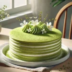 Japanese-French Matcha Crepe Cake, showing thin layers of green matcha crepes and creamy whipped matcha filling, topped with matcha powder and edible flowers on a simple white plate.