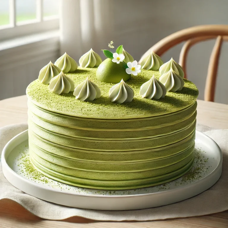 Japanese-French Matcha Crepe Cake featuring thin green matcha crepes layered with light whipped matcha cream, topped with a dusting of matcha powder and delicate edible flowers on a white plate.