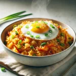 Kimchi Fried Rice in a minimalist white bowl, topped with a sunny-side-up egg, chopped green onions, and sesame seeds.