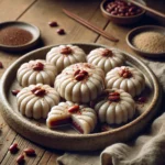 Korean Sweet Rice Cake (Tteok) displayed on a ceramic plate. The cakes are irregular and handmade, some filled with red bean paste and garnished with sesame seeds