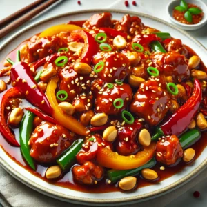 A vibrant image of Kung Pao Chicken with Spicy Chili Oil, featuring stir-fried chicken, crunchy peanuts, colorful vegetables, and a glossy chili oil sauce, garnished with green onions.