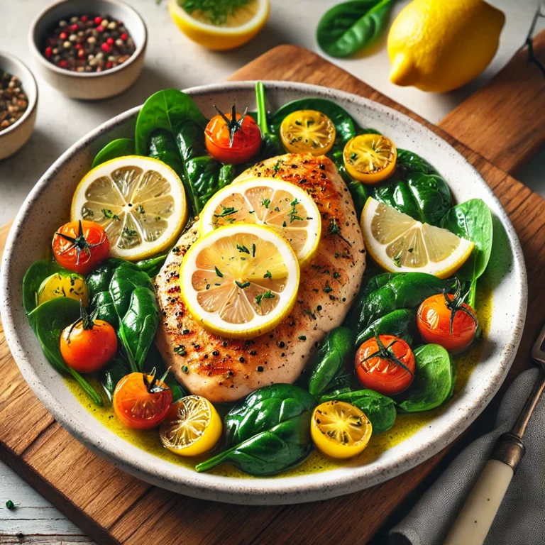 An appetizing close-up of Lemon Herb One-Pot Chicken, highlighting juicy chicken, fresh lemon, and colorful vegetables.