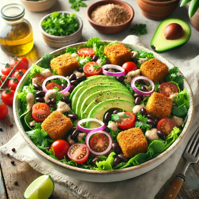Mediterranean-Mexican Fusion Salad with mixed greens, tomatoes, avocado, black beans, crispy falafel croutons, and red onions. Drizzled with lime dressing and garnished with cilantro.