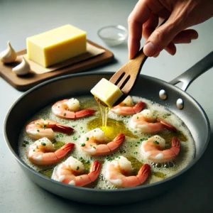 Butter melting in a skillet over medium heat, forming the base for Garlic Butter Shrimp.