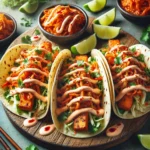 Fresh Mexican-Asian Fusion Tacos served with kimchi slaw and drizzled with creamy Sriracha mayo on a wooden platter. The tacos are garnished with chopped cilantro and accompanied by lime wedges, capturing the essence of both Korean and Mexican flavors.