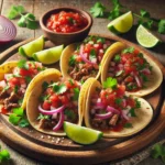 Authentic Mexican Tacos displayed on a rustic wooden platter, filled with juicy beef slices, fresh salsa, diced onions, and cilantro. Served with lime wedges and a bowl of salsa for garnish. Caption: Rustic-style Authentic Mexican Tacos filled with beef and topped with fresh salsa and cilantro, served with lime and salsa.