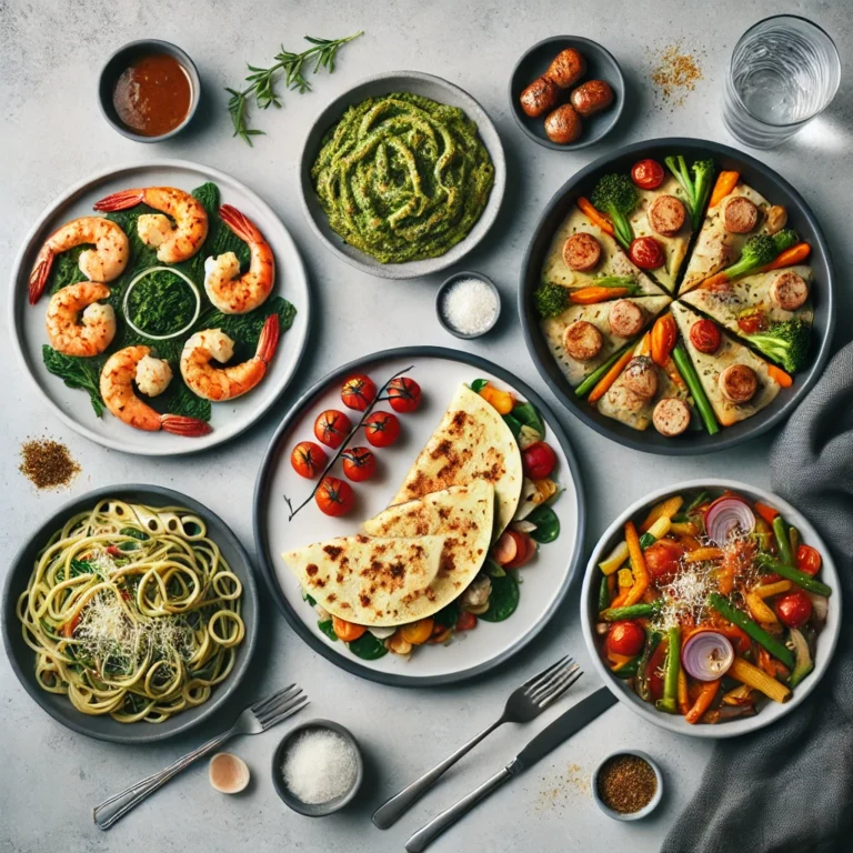 Modern minimalist display featuring five finished 5-ingredient meals, including garlic butter shrimp, BBQ chicken quesadilla, pesto pasta, sausage and vegetables skillet, and vegan stir-fry