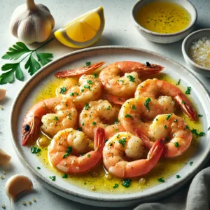 Garlic Butter Shrimp garnished with parsley and lemon wedges on a clean white plate.