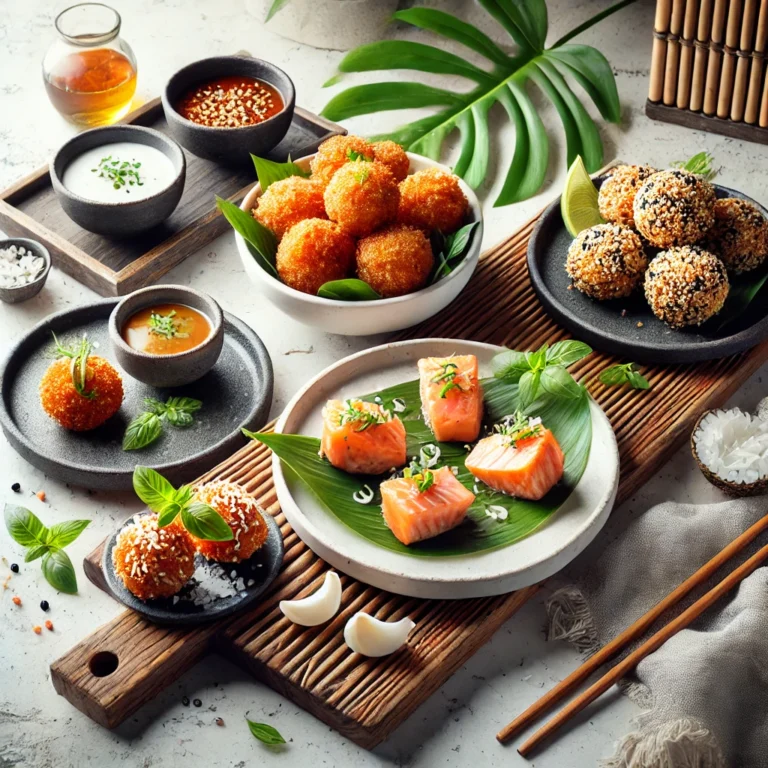 A stylish presentation of five different salmon bites dishes, including Panko-Crusted, Spicy Buffalo, Coconut-Crusted, Honey Garlic, and Asian Sesame-Crusted Salmon Bites.