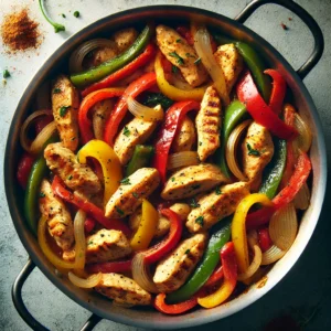 A close-up image of One-Pot Chicken Fajitas featuring tender chicken strips with red, green, and yellow bell peppers cooked in a single pot.