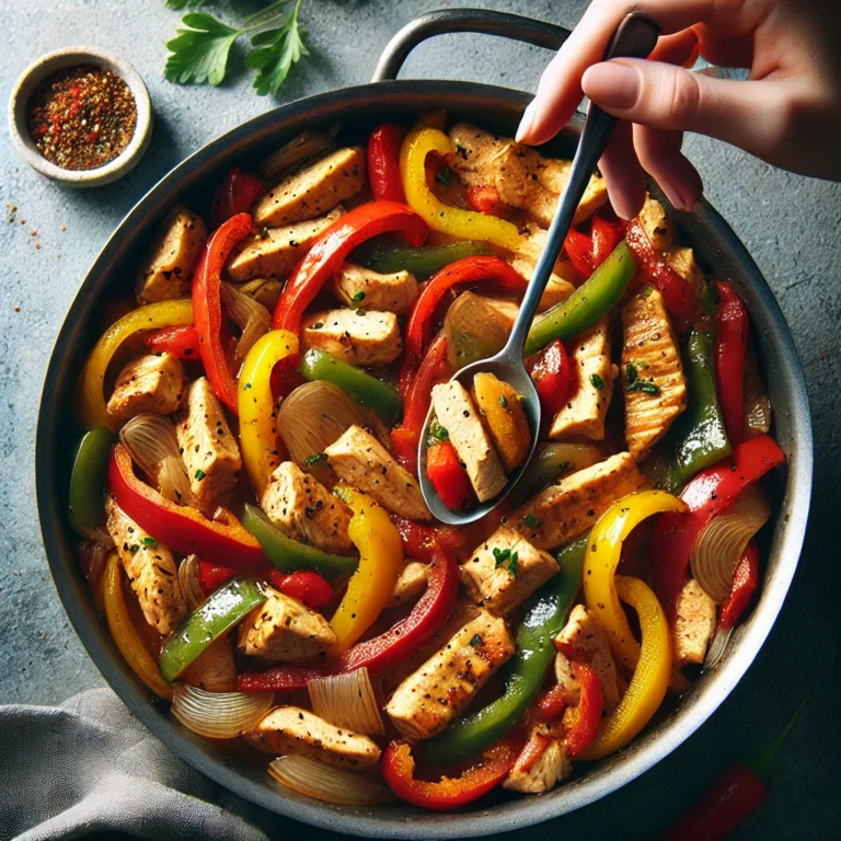 A woman’s hand holding a spoon, lifting chicken and peppers from a pot of One-Pot Chicken Fajitas.