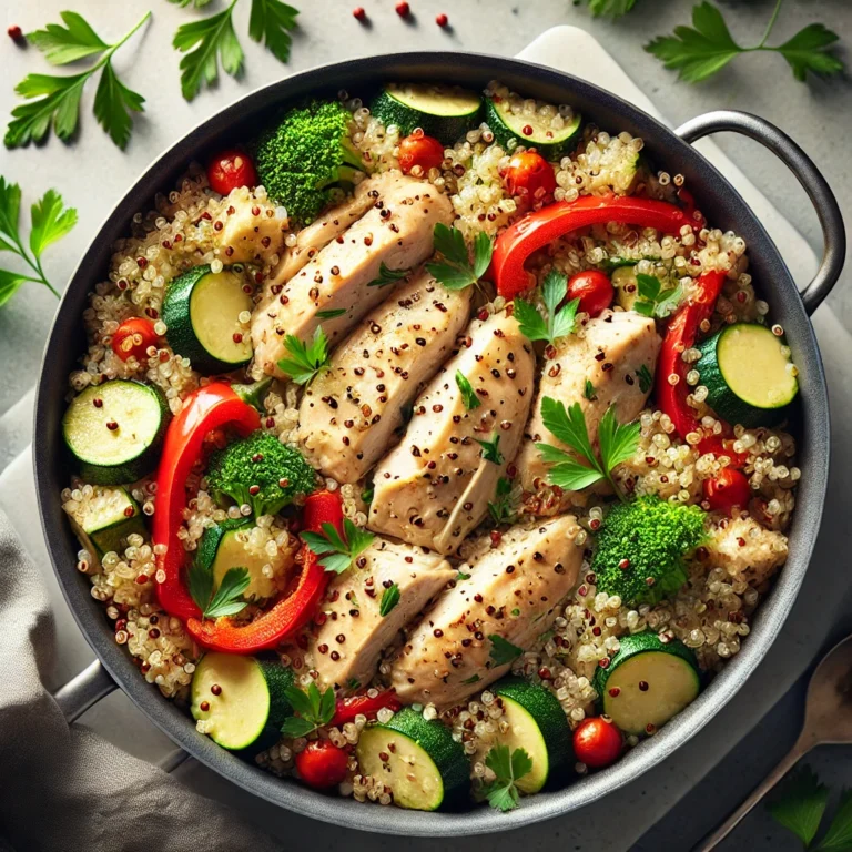 one-pot chicken and quinoa dish with red bell peppers and zucchini.