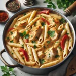 one-pot creamy Cajun chicken pasta with a rich, creamy sauce, chicken, pasta, and red bell peppers in a pot.