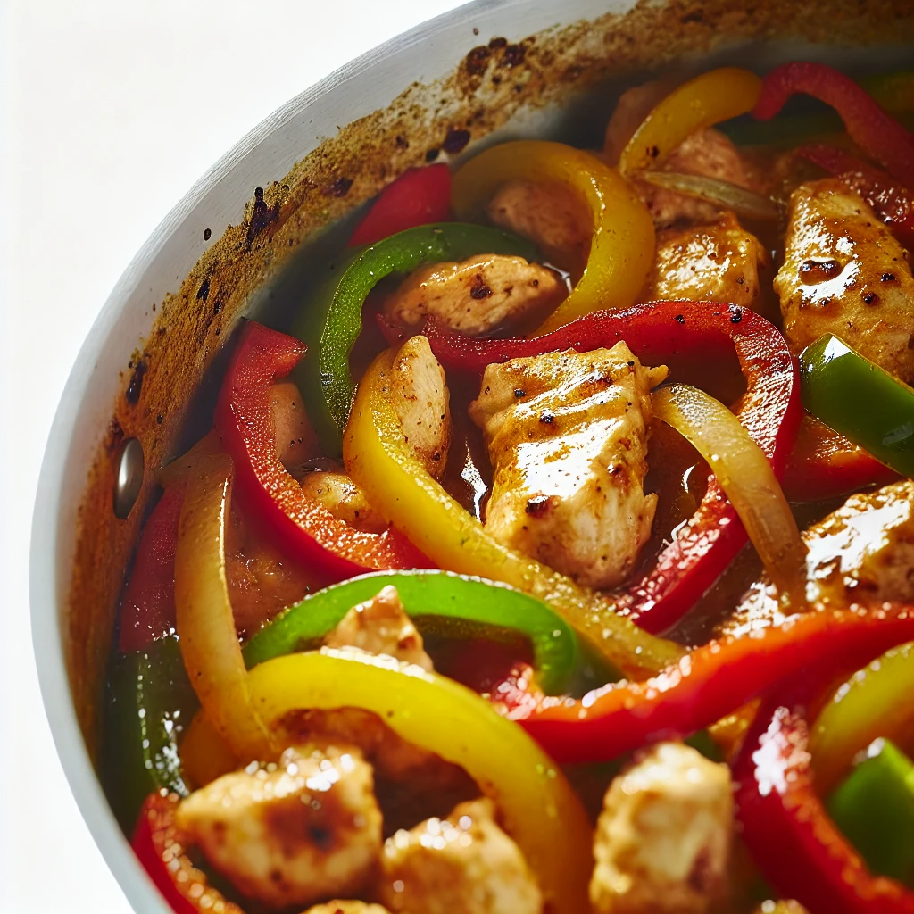 One-Pot Chicken Fajitas with golden-brown chicken strips, red, green, and yellow bell peppers, and onions.