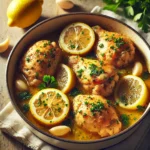 One-Pot Italian Lemon Chicken with golden brown chicken thighs, garnished with fresh parsley and lemon slices, in a rustic pot.
