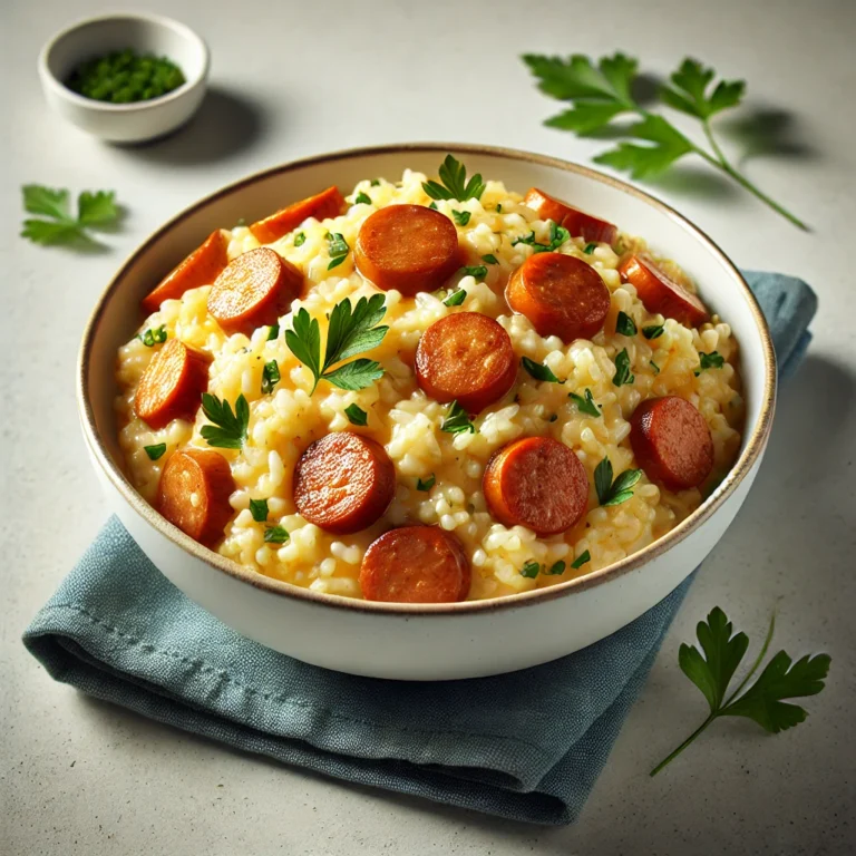 A vibrant, modern One Pot Italian Sausage Risotto served in a sleek white pot with fresh herbs garnish, golden-brown sausage pieces, and creamy risotto