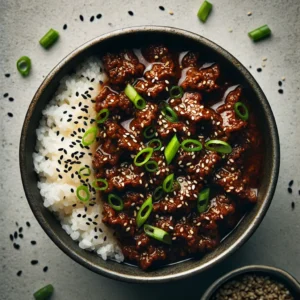 A top-down view of a One-Pot Korean Beef Bowl featuring tender beef in a glossy soy glaze, garnished with green onions and sesame seeds over white rice.
