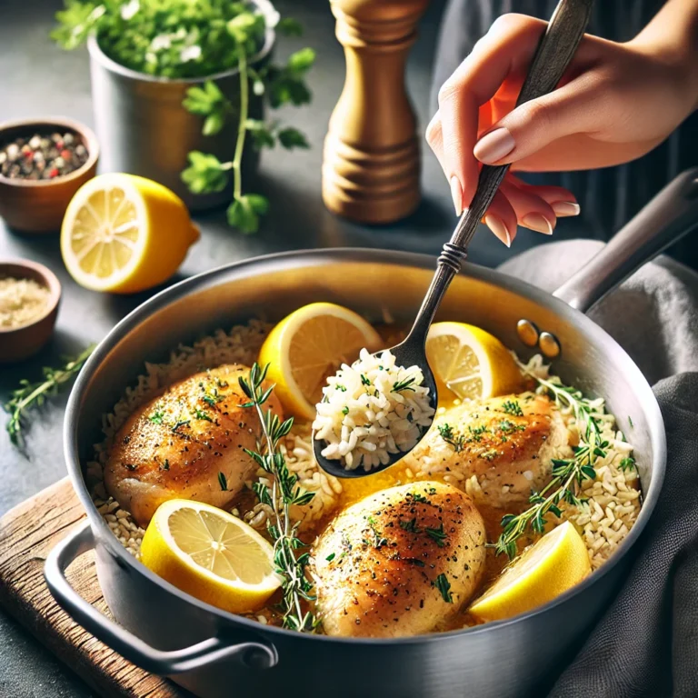 A woman’s hand holding a spoon, lifting golden sauce and a piece of chicken from a one-pot lemon herb chicken and rice dish.