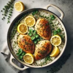 one-pot lemon herb chicken and rice with golden chicken, rice, lemon slices, and fresh herbs, served in a pot.