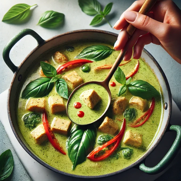 One-Pot Thai Green Curry featuring creamy coconut sauce with tender chicken, garnished with fresh basil and red pepper slices. A woman holds a spoon, slightly lifting it to show the curry.