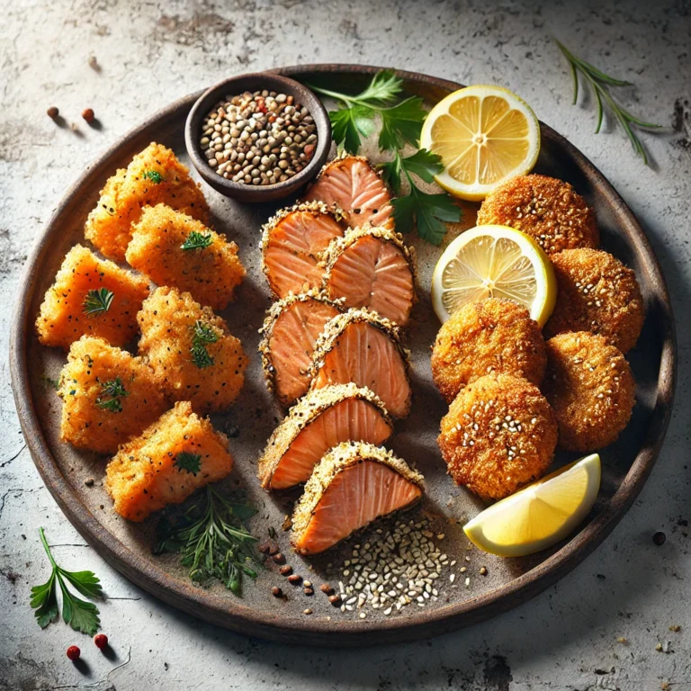 Three types of crispy salmon bites – oven-baked, pan-seared with herbs, and fried with lemon wedges, displayed on a rustic plate.