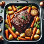 oven-baked pot roast with chuck roast, carrots, potatoes, and onion