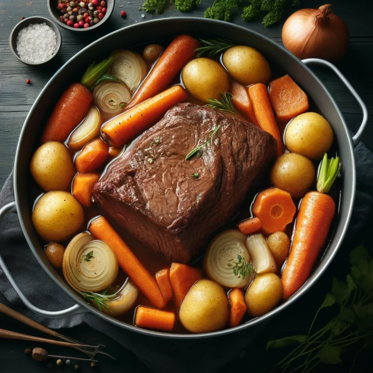 oven-baked pot roast with tender beef, carrots, potatoes, and onion