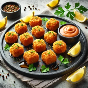 Crispy Panko-Crusted Salmon Bites on a stylish black slate plate, accompanied by lemon wedges and a bowl of tangy dipping sauce.