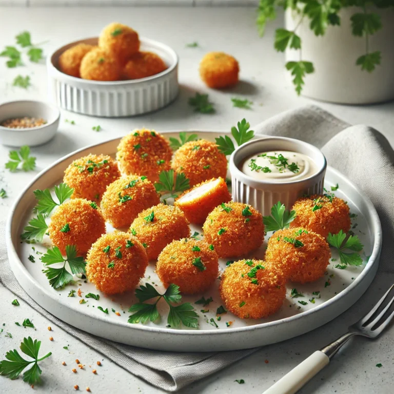 Golden and crispy Panko-Crusted Salmon Bites arranged on a modern white plate, garnished with fresh herbs and a small bowl of dipping sauce.