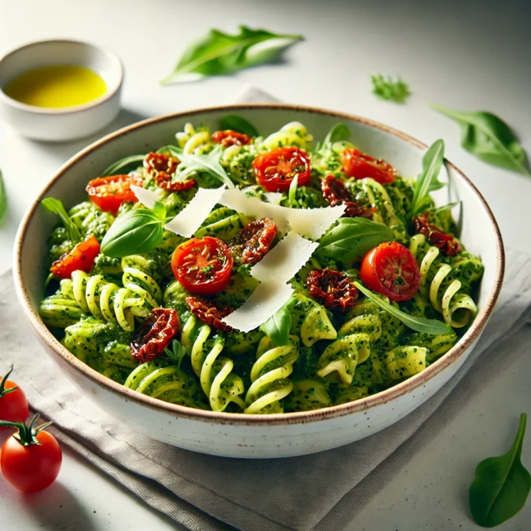 Pesto Pasta Salad in a white bowl, featuring fusilli pasta coated in fresh basil pesto, cherry tomatoes, sun-dried tomatoes, parmesan, and arugula, with a drizzle of olive oil