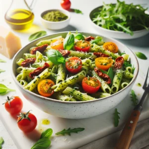 Pesto Pasta Salad served in a white bowl, featuring fusilli pasta in basil pesto, cherry tomatoes, sun-dried tomatoes, and arugula, topped with parmesan cheese