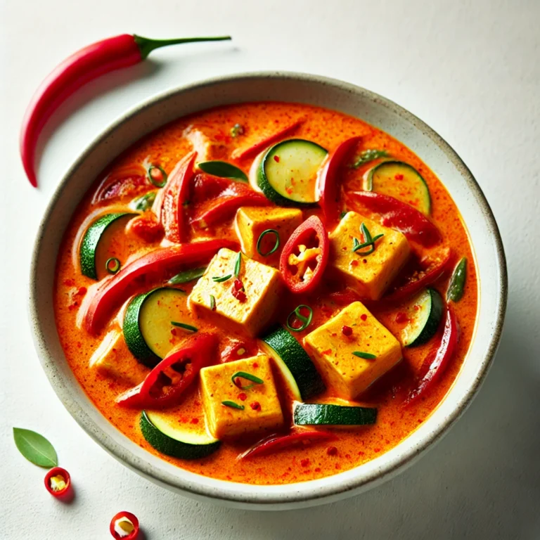 A bowl of quick Thai red curry with tofu, featuring a creamy red curry sauce, chunks of tofu, red bell peppers, and zucchini, garnished with thinly sliced red chilies.