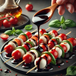 A hand drizzling balsamic glaze over arranged Caprese Skewers