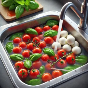 Fresh cherry tomatoes, mozzarella balls, and basil leaves being washed and prepared for skewers.