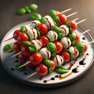 Finished Caprese Skewers served on a plate with balsamic glaze drizzled over.