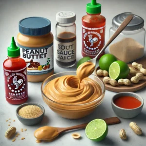 A bowl of peanut butter, soy sauce, lime juice, Sriracha, and water being mixed together.