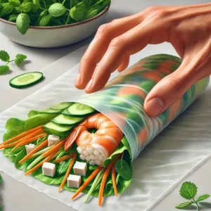 A hand rolling the rice paper with vegetables and shrimp inside