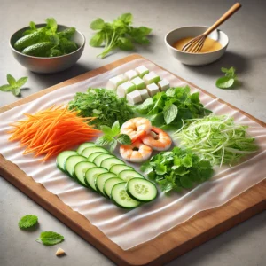 Fresh vegetables and shrimp being layered on softened rice paper