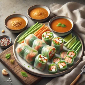 Thai fresh spring rolls sliced in half with spicy peanut and tamarind sauces.